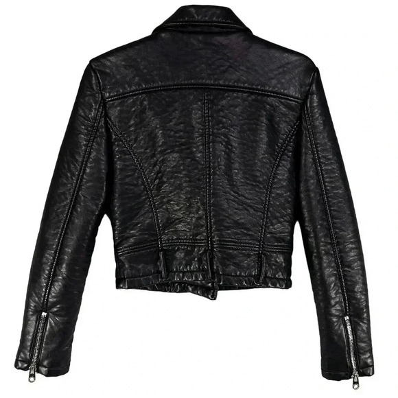 Members Only Womens S Black ASYM Zip Cropped Faux Leather Bomber Moto Jacket Y2K - Picture 2 of 16